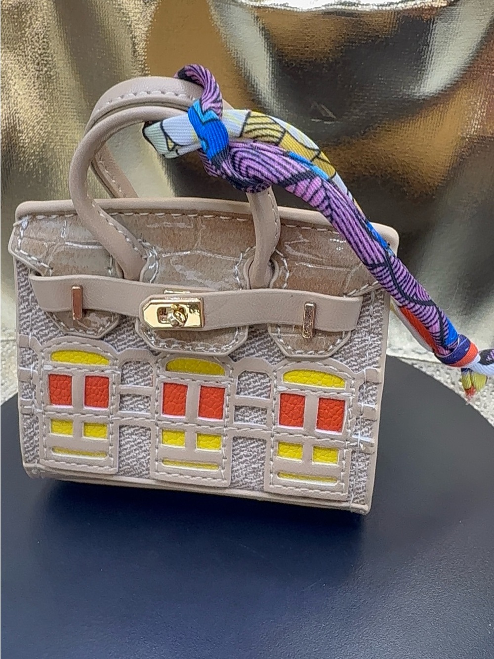 Beige Mini Handbag with Colorful Window Inlay and Scarf Accent key chain